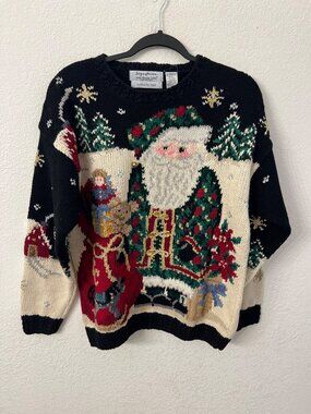 Signature by Northern Isles Hand-Knit Santa Sweater Cotton/Wool Blend With Festi
